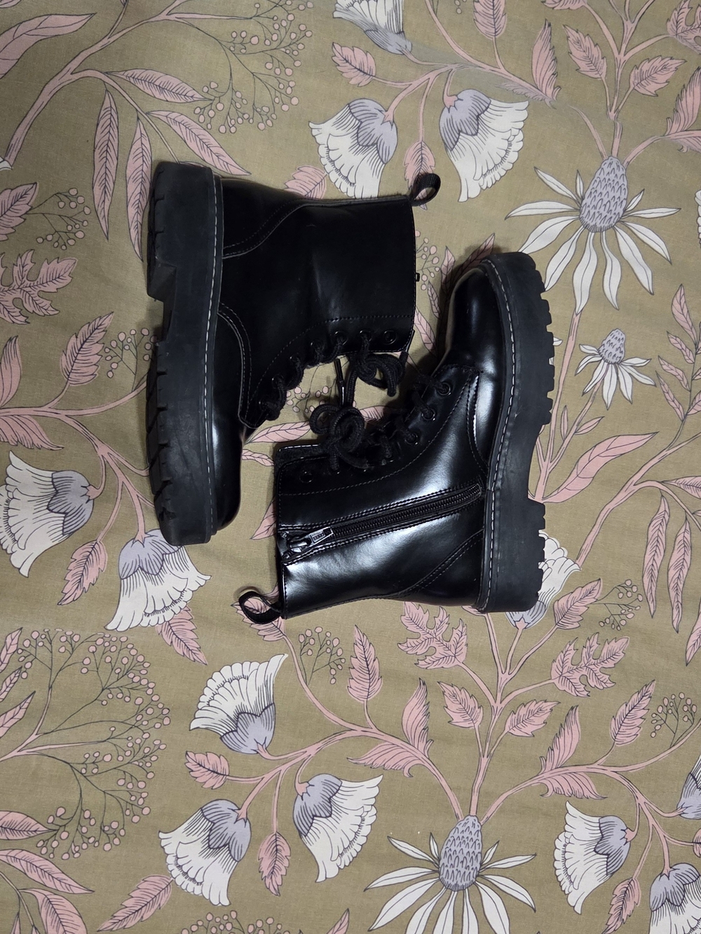 H&M Black Leather Lace-Up Ankle Boots with Side Zipper